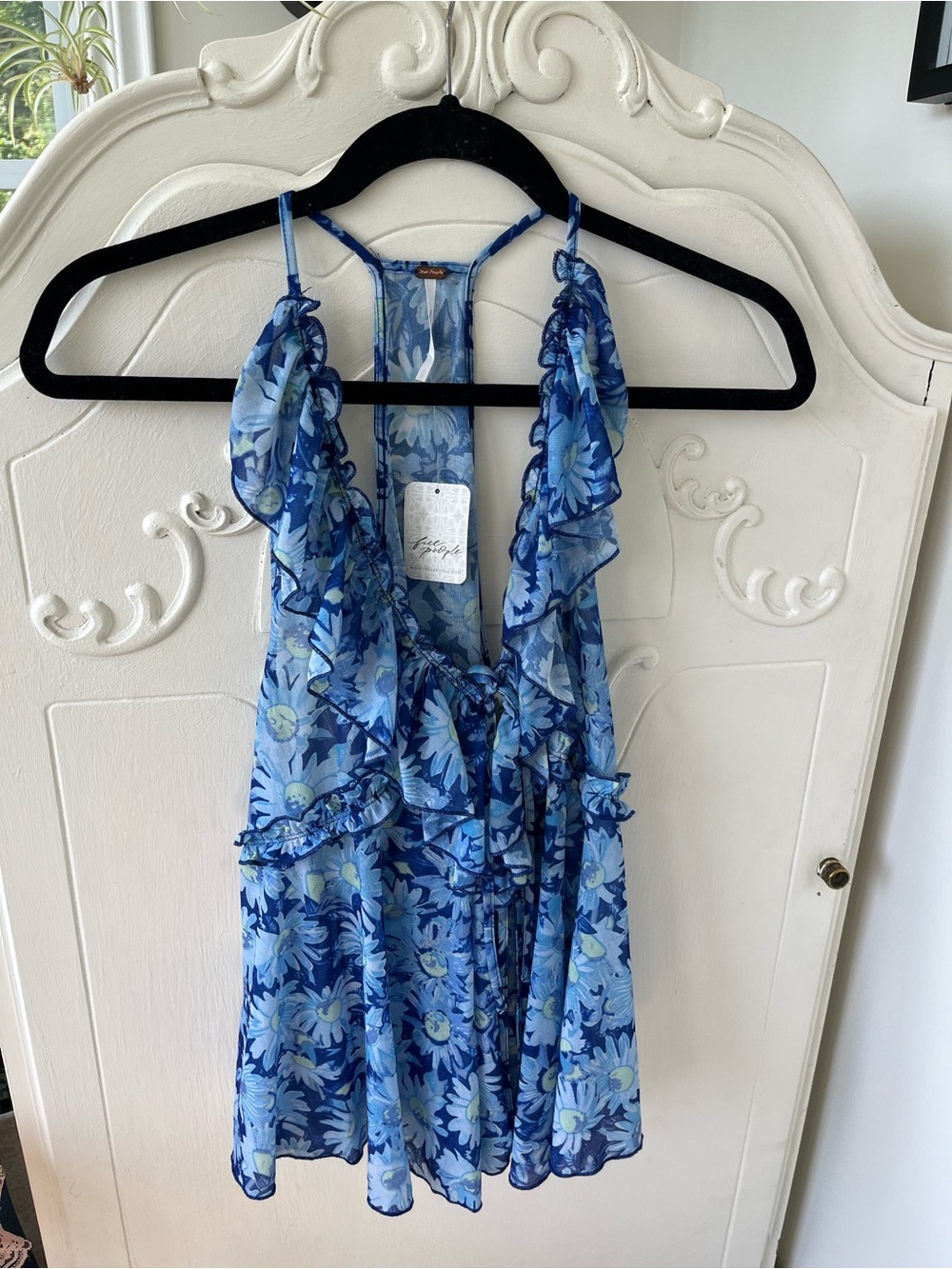 Free People Coastal Blue Floral Ruffle Tunic Top